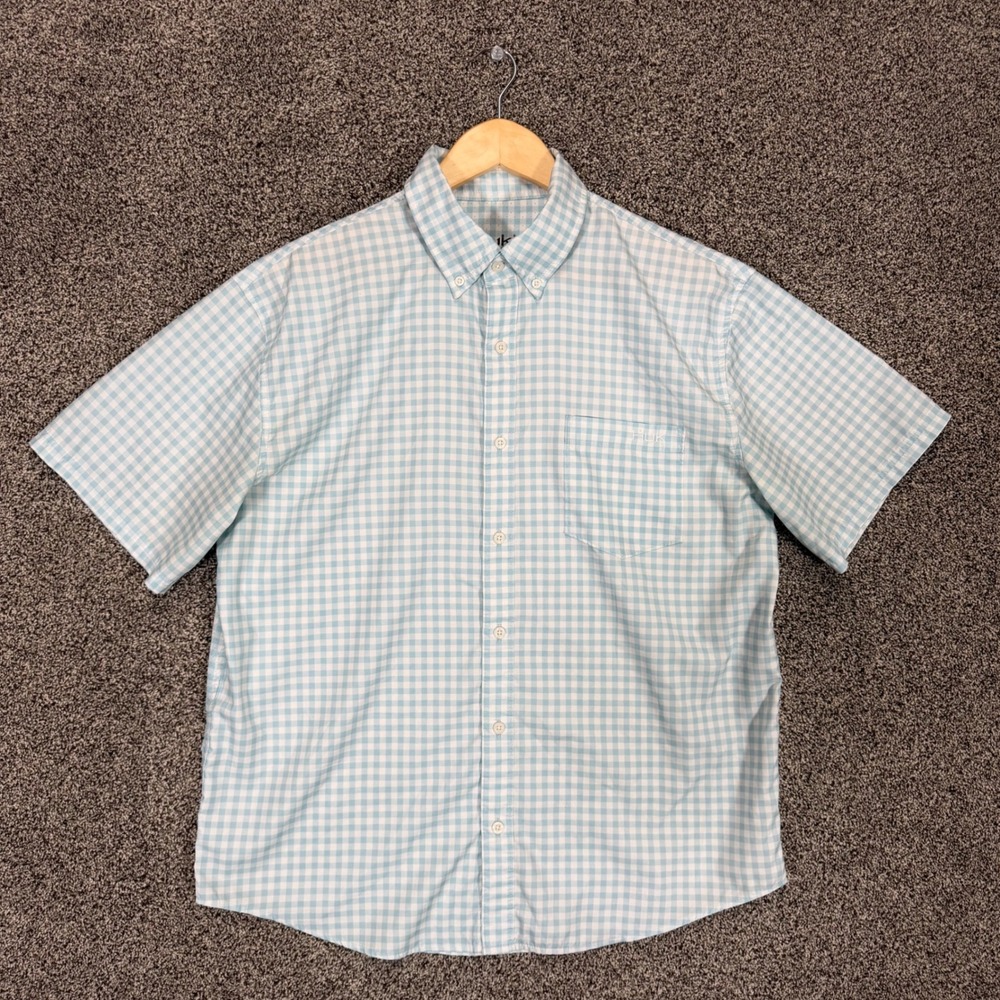 Huk Teaser Gingham Shirt Mens L Blue Check Short Sleeve Performance Fishing